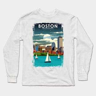 Boston at Night City Skyline Travel Poster Long Sleeve T-Shirt